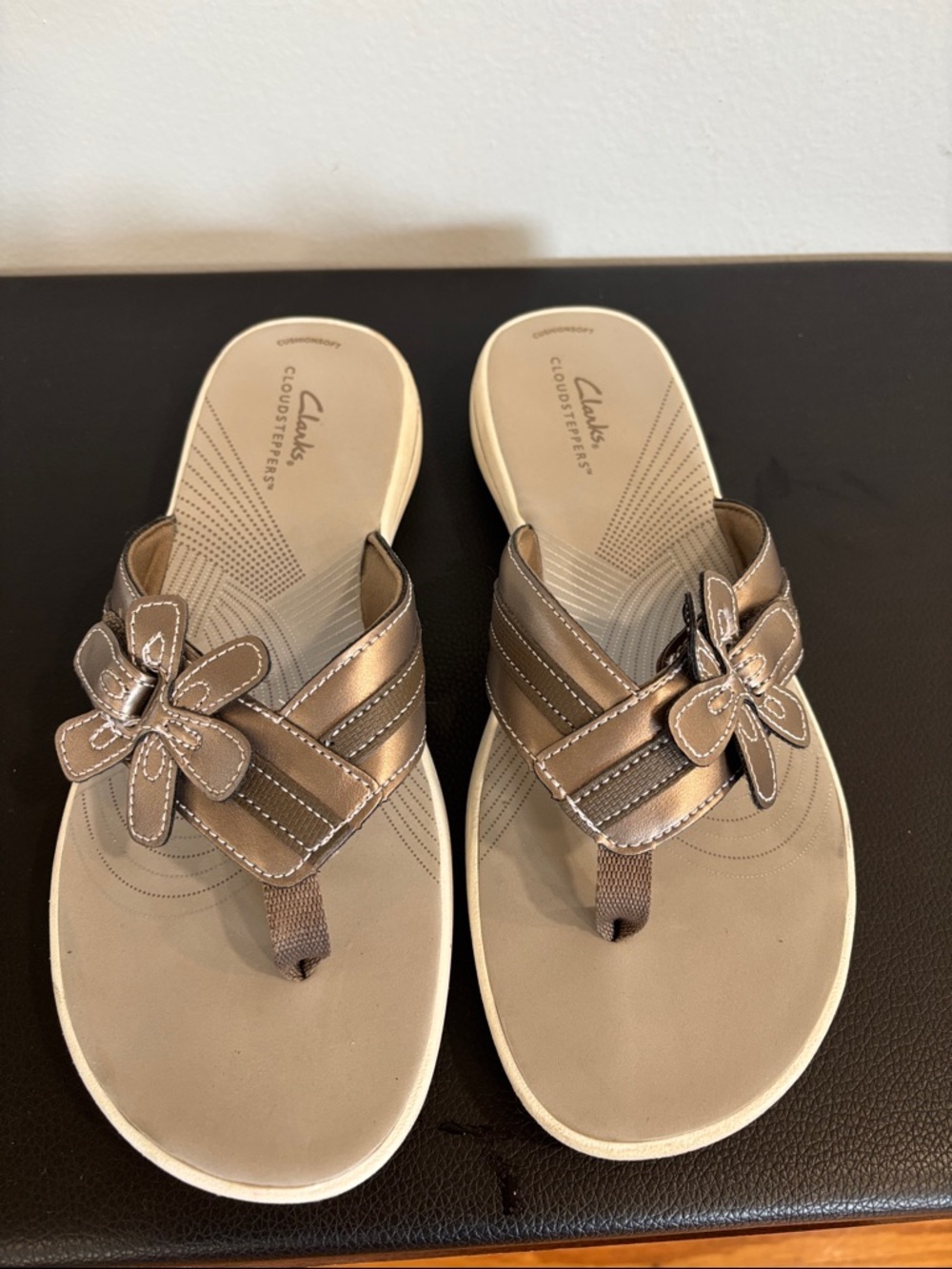 Clarks Bronze Floral Slip-On Sandals